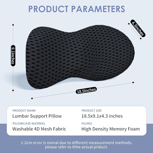 Lumbar Support Pillow, Back Pillow for Low Back Pain Relief, Ergonomic Streamline Car Seat, Office Chair, Recliner and Bed (Black)