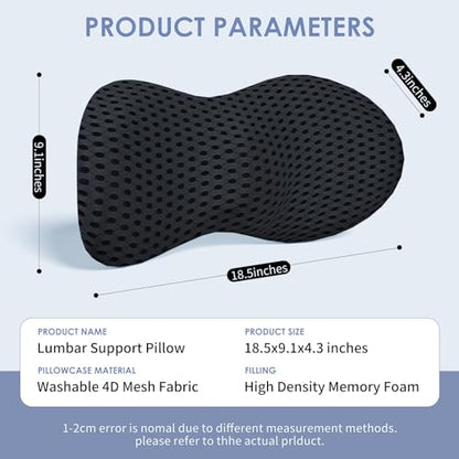 Lumbar Support Pillow, Back Pillow for Low Back Pain Relief, Ergonomic Streamline Car Seat, Office Chair, Recliner and Bed (Black)