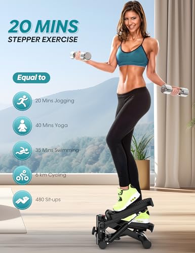 Mini Portable Stepper Machine with Resistance Bands - 330LBS Weight Capacity, Adjustable Height, LED Monitor for Full Body Workout