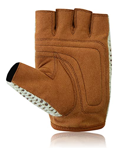 Men's Chauffeur Half Finger Padded Gloves - Driving, Motorbike, Cycling, Gym, Wheelchair, Crochet Back - color: White/Brown, size: Small