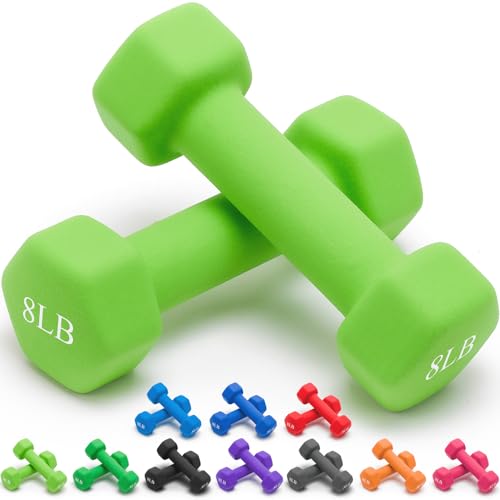 Portzon 8 Colors Options Compatible with Set of 2 Rubber Dumbbell Weight, 5-50 LB, Anti-Slip, Anti-roll, Hex Shape - color: Green, size: 08-Pound, Pair, style: Neoprene Dumbbells