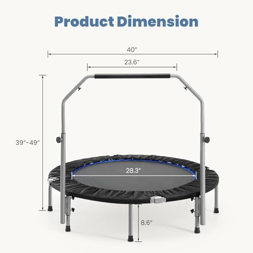 Trampoline, Portable Foldable Trampoline in-Home Mini Rebounder, Exercise Trampoline for Adults, 40" Max Load 330lbs (40" Black Adjustable Foam Handle)