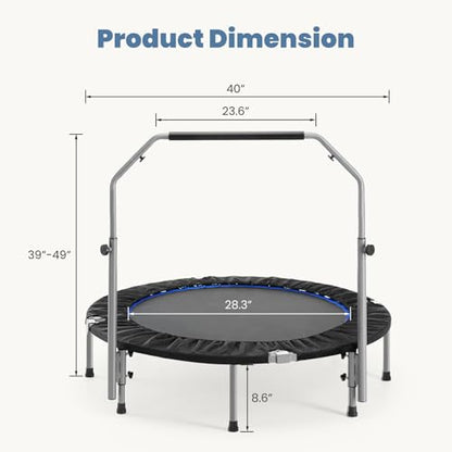 Trampoline, Portable Foldable Trampoline in-Home Mini Rebounder, Exercise Trampoline for Adults, 40" Max Load 330lbs (40" Black Adjustable Foam Handle)