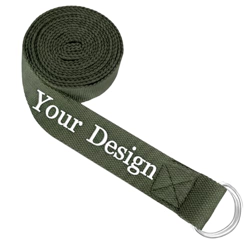 Muka Custom Yoga Stretch Strap, Embroidery & Heat Transfer Cotton Workout Belt with Adjustable D-Ring Buckle - color: Army Green, size: 8Ft