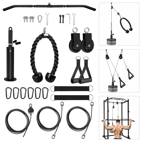 LFJ LAT Pull Down and Lift Weight Pulley System Cable Machine Pulley Attachment for Triceps Pull Down, Biceps Curl, Back, Forearm, Shoulder Home Gym Equipment - style: Set with Adjustable Bar