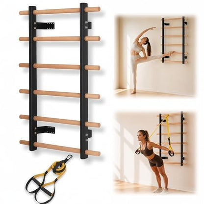 Swedish Ladder Wall Gym For Adults, Wall Mounted Stall Bars And Wall Bars With Yellow Suspension Trainer Straps, Compact Wooden Stretching Ladder For Home Fitness, Pull-Up, Mobility And Calisthenics