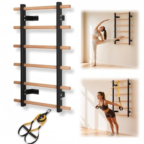 Swedish Ladder Wall Gym For Adults, Wall Mounted Stall Bars And Wall Bars With Yellow Suspension Trainer Straps, Compact Wooden Stretching Ladder For Home Fitness, Pull-Up, Mobility And Calisthenics