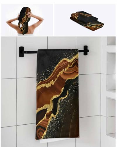 Marble Brown Bath Towels for Bathroom Set - Luxury Towels Gifts for Women,Dry Beach Kitchen Hand Hair Face Yoga Workout Gym Towel and Dish Washcloth,Gradient Abstract Modern Minimalist Black Gold