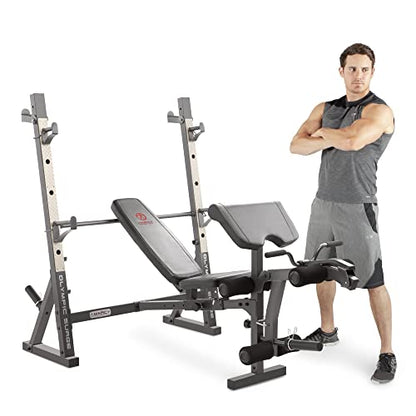Marcy Olympic Workout Bench for Home Gym Strength Training Equipment with Preacher Curl Pad and Weight Rack Storage, White/Black
