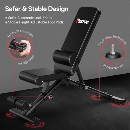 PASYOU Adjustable Weight Bench, 660LB Capacity Foldable Workout Bench, Incline Flat Bench Press for Home Gym, Dual-Frame Strength Training Bench, No Assembly Required, Wider Seat - color: Blue