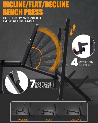 ANCHEER 900LBS Weight Bench Set with Barbell Rack, Heavy Duty Bench Press Set with Leg Extension and Leg Curl, Foldable Workout Benches for Home Gym with J Hooks & Olympic Sleeves (US Stock) - color: Dark
