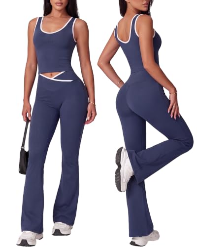 Coume Women 2 Piece Seamless Workout Sets Crossover Flare Leggings Crop Tank Top Matching Set Color Block Gym Yoga Outfits - color: Navy Blue, size: Large