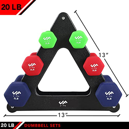 JFIT Dumbbell Pairs or Sets – Neoprene & Vinyl Coated Hand Weights for Home Gym, Strength Training, Aerobics, Cardio Exercise and Fitness - size: 20 lbs (Pair), style: Dumbbell Set with Rack