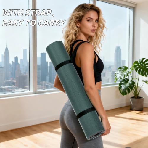 ILILI 10mm Extra Thick, TPE Yoga Mat, 76×28 Inch Extra Long, Carrying Strap - color: Dark Green+Dark Grey