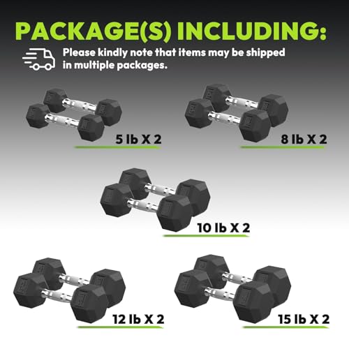 Hex Dumbbell Sets, 90-640 lb Rubber Encased Exercise & Fitness Dumbbells Set, Hand Weight for Strength Training, Weight Dumbbells - size: 100 lb Set (Pair of 5, 8, 10, 12, 15 lb)