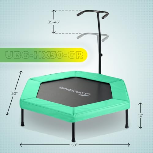 Upper bounce Mini Workout Trampoline Adjustable tshaped handrail – Hexagonal rebounder Trampoline Kids & Adults – Fitness Recreational Trampolines, Supports up 220lbs. (Green, 50 Inches)