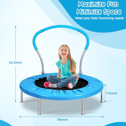 Mini Trampoline for Kids, Indoor Toddler Trampoline with Handle, Child Small Rebounder Trampoline for Indoor and Outdoor Use - style: Bright Blue-36Inch