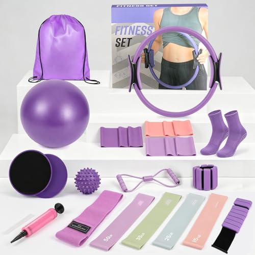 Pilates Kit, 20PCS Pilates Equipment for Home Workouts, Pilates Set for Women with Pilates Ring and Ball Set, Resistance Bands, Massage Ball, Core Sliders for Starters at Gym Studio Travel