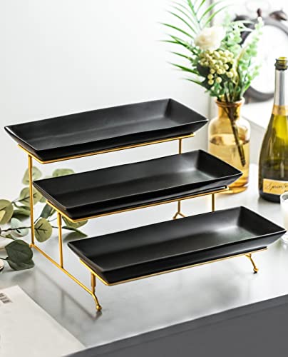 LYEOBOH 3 Tier Serving Tray, Porcelain Tiered Serving Stand with Platters - color: Black, style: 14inch Rectangle platter