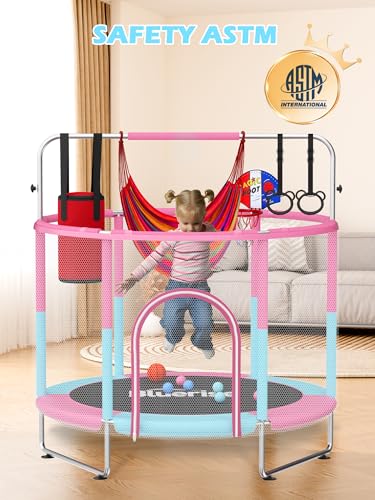 55IN 6FT Toddler Trampoline for Kids Indoor Outdoor Play for Kids Trampoline Basketball Hoop Attachment with Enclosure Net Easy to Assemble