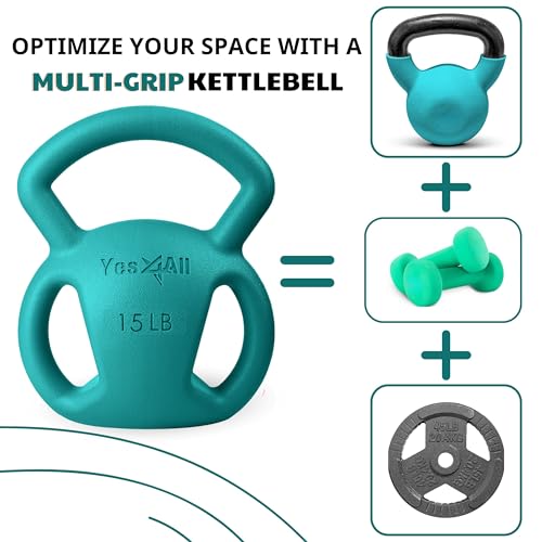 Yes4All Kettlebell, Strength Training Kettlebells for Women, Wide Multi-grip Textured Handle for Home Gym Exercises & Full Body Workout, Single 5–25 lb & Set of 10-15 lb - color: C. 15LB - Green, style: A. Single