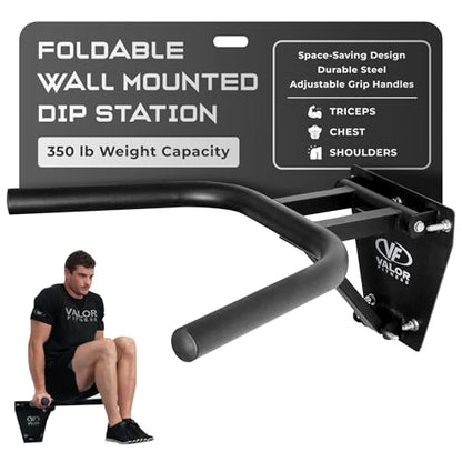 Valor Fitness Wall Mounted Dip Station - Foldable Dip Bar for Home Gym -Heavy Duty Steel Upper Body Training Equipment - Multi Grip Handles for Dips, Leg Raises, and Ab Workout - 350 lb Capacity