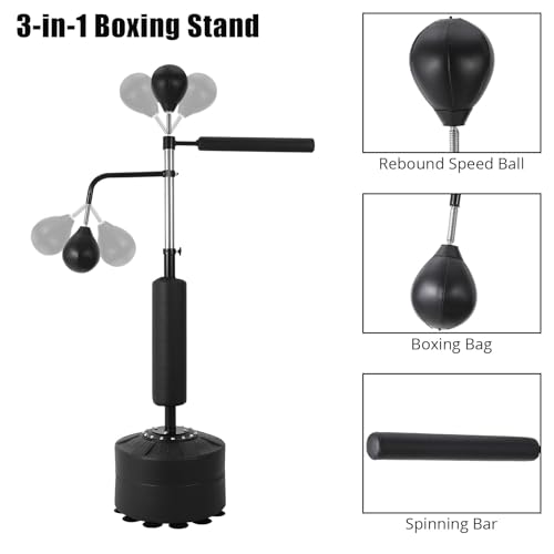 3-in-1 Freestanding Boxing Speed Trainer Set – Adjustable Height Punching Bag, Dual Speed Balls, 360° Bounce Spinning Bar, Gloves Included – Home Gym Equipment for Adults