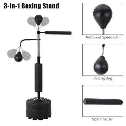 3-in-1 Freestanding Boxing Speed Trainer Set – Adjustable Height Punching Bag, Dual Speed Balls, 360° Bounce Spinning Bar, Gloves Included – Home Gym Equipment for Adults