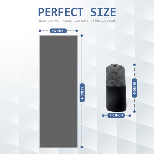 Eunzel Hot Yoga Towel, Non-Slip Yoga Mat Towel with Silicone Grip Dots Absorbent Microfiber for Exercise, Fitness, Pilates, Grey