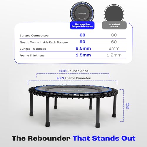 MXL Maximus PRO Bungee Rebounder - Premium 40" Indoor Mini Trampoline for Adults, Quiet Soft Bounce with 60 Connectors, Foldable Legs, DVD & Online Workouts, 400lb - style: Without Bar