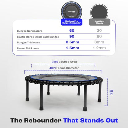 MXL Maximus PRO Bungee Rebounder - Premium 40" Indoor Mini Trampoline for Adults, Quiet Soft Bounce with 60 Connectors, Foldable Legs, DVD & Online Workouts, 400lb - style: Without Bar