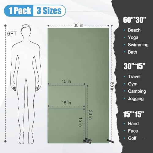 Quick Dry Travel Towel, 3 Sizes 1 Pack Camping Microfiber Towel, Lightweight Fast Drying Towels Set 60"x30", 30"x15", 15"x15" w/Bag for Gym, Beach, Hiking, Swimming, Army Green