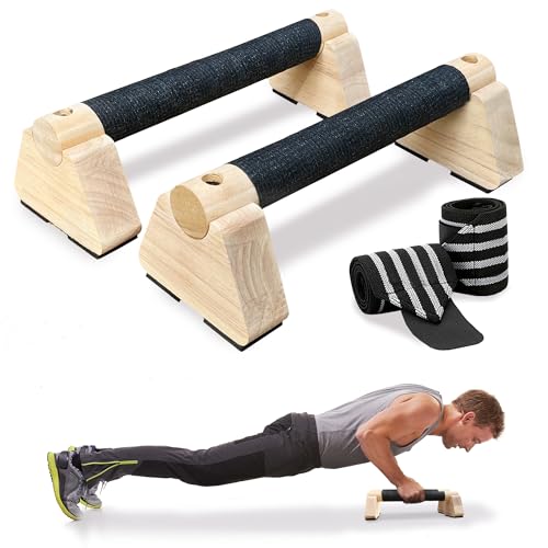 Parallettes Bars, Wooden Push Up Bars with Wrist Wraps for Men & Women, Handstand Training Bars for Home Gym, Non-Slip Calisthenics Equipment, 440lbs Durable Floor Push Up Handles
