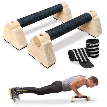 Parallettes Bars, Wooden Push Up Bars with Wrist Wraps for Men & Women, Handstand Training Bars for Home Gym, Non-Slip Calisthenics Equipment, 440lbs Durable Floor Push Up Handles