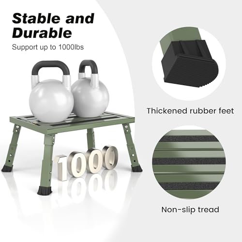 Adjustable RV Step Stool, 3-Step Height Adjustment, Foldable Legs, Wide Anti-Slip Surface,Supports Up to 1,000 lb, Premium Aluminum Construction Easy to Carry (Army Green) - color: Army Green