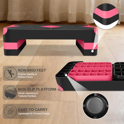 27" Exercise Workout Aerobic Step Platform Trainer, Adjustable Fitness 4-6-8in Exercise Stepper Workout with 4 Risers, Aerobics Stepper Workout Stepper for Home Gym Cardio Strength & Training
