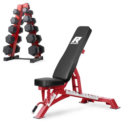 RitFit Rubber Coated Hex Dumbbell Set with Rack, 5-780LB for Home Gym Strength Training, Anti-Slip Knurled Handle, Hexagon Anti-Roll, Heavy-Duty Storage Rack - style: 250 LB Set with Red Adjustable Weight Bench (10-40LB）