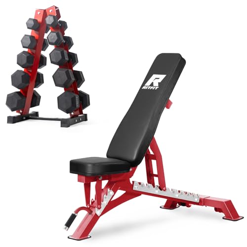 RitFit Rubber Coated Hex Dumbbell Set with Rack, 5-780LB for Home Gym Strength Training, Anti-Slip Knurled Handle, Hexagon Anti-Roll, Heavy-Duty Storage Rack - style: 250 LB Set with Red Adjustable Weight Bench (10-40LB）