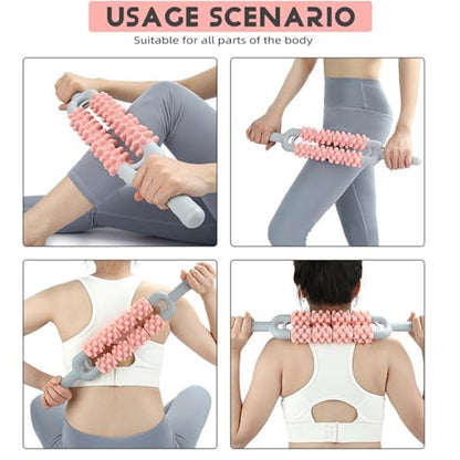 Muscle Roller Stick for Athletes, Leg Back Shoulder Double Row Massage Stick Deep Tissue Trigger Point & Myofascial Release Tool for Relief Muscle Soreness, Cramping & Tightness (Pink) - color: Pink