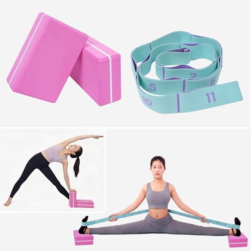 2 Pack Yoga Blocks 350g High Density, Non-Slip EVA Foam Brick with Bonus 11 loops Yoga Strap & Carry Bag, Pilates Block Set for Balance, Flexibility, Meditation, Home Gym & Studio - color: Pink Brick & Blue Band