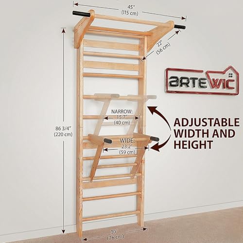 Swedish Ladder Wall Bars with Pull-Up Bar & Dip Station for Kids and Adults – Wooden Stall Bars, Multifunctional Home Gym Wall Ladder for Strength Training & Stretching