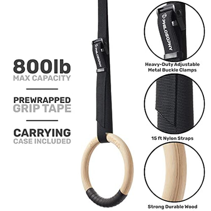 Philosophy Gym Wood Gymnastic Rings 1" or 1.25" Grip with Adjustable Straps and Grip Tape for Pull Ups, Dips, Muscle Ups