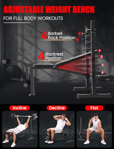 OPPSDECOR Weight Bench, 600LBS Adjustable Bench Press with Squat Rack & Leg Extension, 3 Sec Folding Workout Bench for Full Body Exercise, Incline Decline Flat Weight Benches for Home Gym Exercise