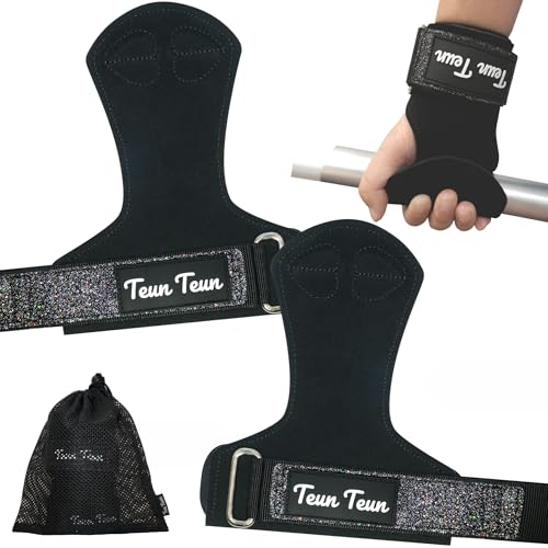 Teun Teun Glitter Wrist Straps for Weightlifting, Women's Gym Lifting Straps for Deadlift, Leather Workout Weight Lifting Grips With Neoprene Padded Wrist Wraps Support - color: Black