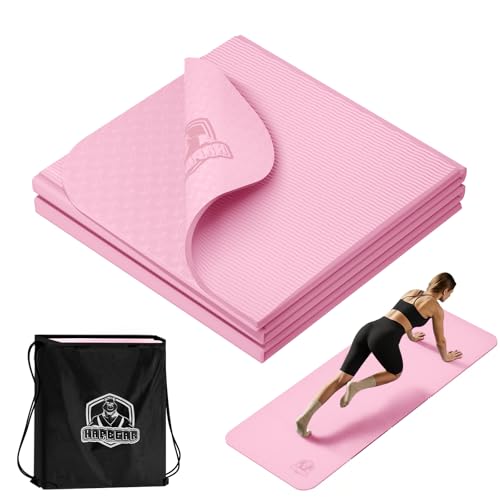 HAPBEAR Foldable Yoga Mat - 72"x24"x0.24" (6mm), Non-Slip TPE Exercise Mat for Home Workout, Yoga, Pilates,Stretching, & Travel, Durable & Eco-Friendly, Includes Carry Bag - color: Pink