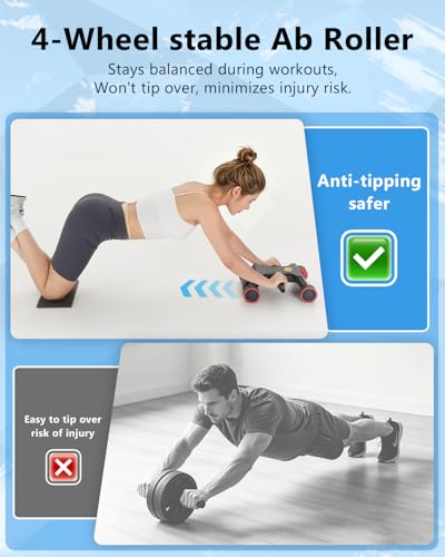 Ab Roller Wheel, Ab Roller, Upgraded Automatic Rebound Ab Roller with Elbow Support, Knee Mat & Timer, 4 Wheels Ab Workout Equipment for Core Strength Training, Silent Ab Wheel for Beginners Men Women Home Gym Fitness