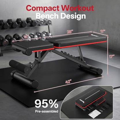 PASYOU Adjustable Weight Bench, 660LB Capacity Foldable Workout Bench, Incline Flat Bench Press for Home Gym, Dual-Frame Strength Training Bench, No Assembly Required, Wider Seat