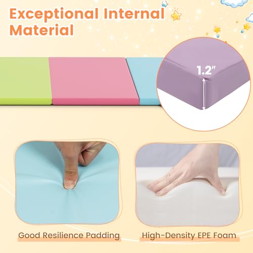 GYMAX Gymnastics Mat, 5-Panel Folding Tumbling Mat with Carrying Handles, 4-Side Hook & Loop Fasteners, Waterproof PU Cover, Exercise Mat for Home, Gym, Yoga, Stretching - color: Pastel