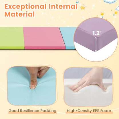 GYMAX Gymnastics Mat, 5-Panel Folding Tumbling Mat with Carrying Handles, 4-Side Hook & Loop Fasteners, Waterproof PU Cover, Exercise Mat for Home, Gym, Yoga, Stretching - color: Pastel
