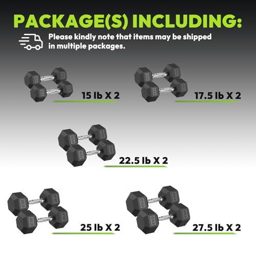 HANDBODE Rubber Coated Hex Dumbbell Set, 90-640 lb - size: 215 lb set (pair of 15, 17.5, 22.5, 25, 27.5)